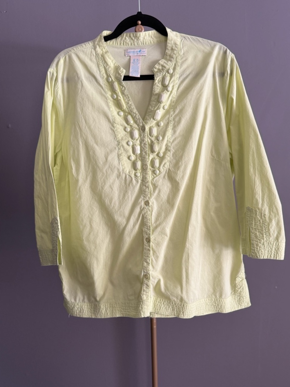 Caribbean Joe Beaded Tunic Top XL Cotton Boho Resort 3/4 Sleeve Embellishment